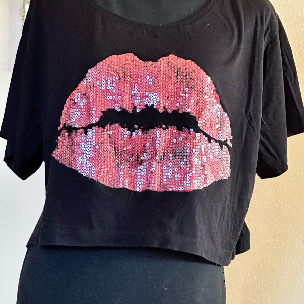 Bar III Black Crop Top with Pink Sequin Lips